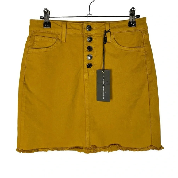 Just Black Denim Odyssey Mustard Yellow Button Front Raw Hem Denim Mini Skirt XS - Picture 1 of 3